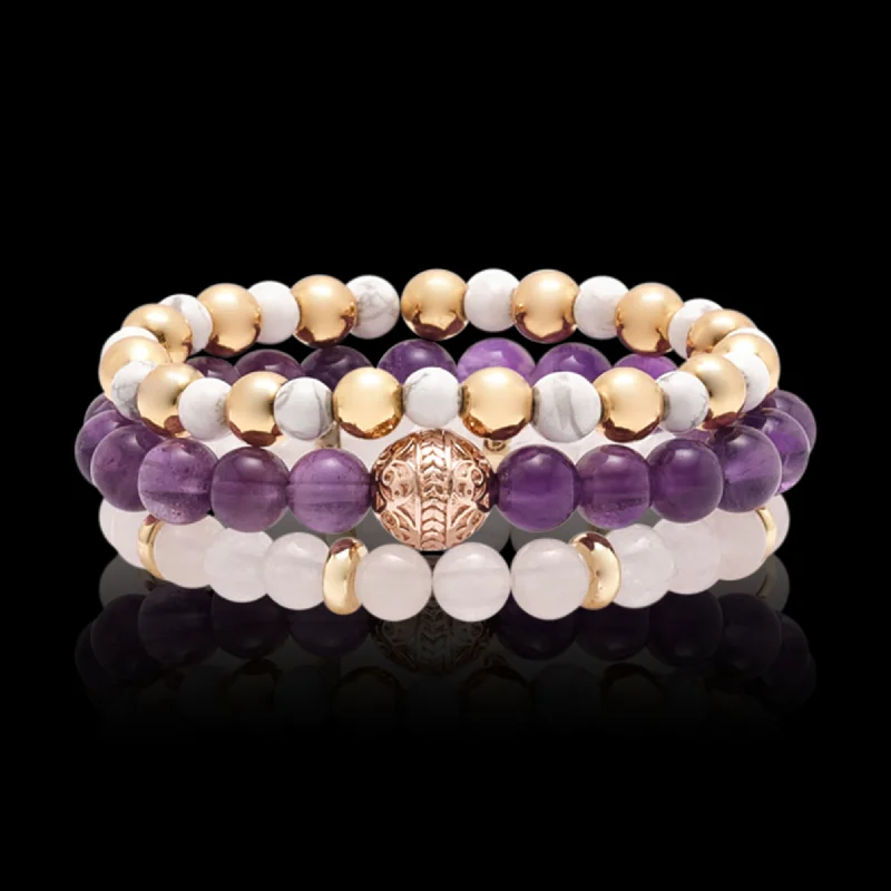 Silk band bracelet-Amethyst Rose Gold Bracelet with Howlite and White Jade Bracelet