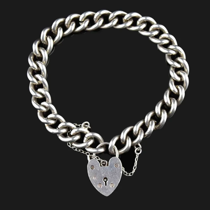 Old cast bracelet-Antique Silver Heart Padlock Curb Chain Bracelet