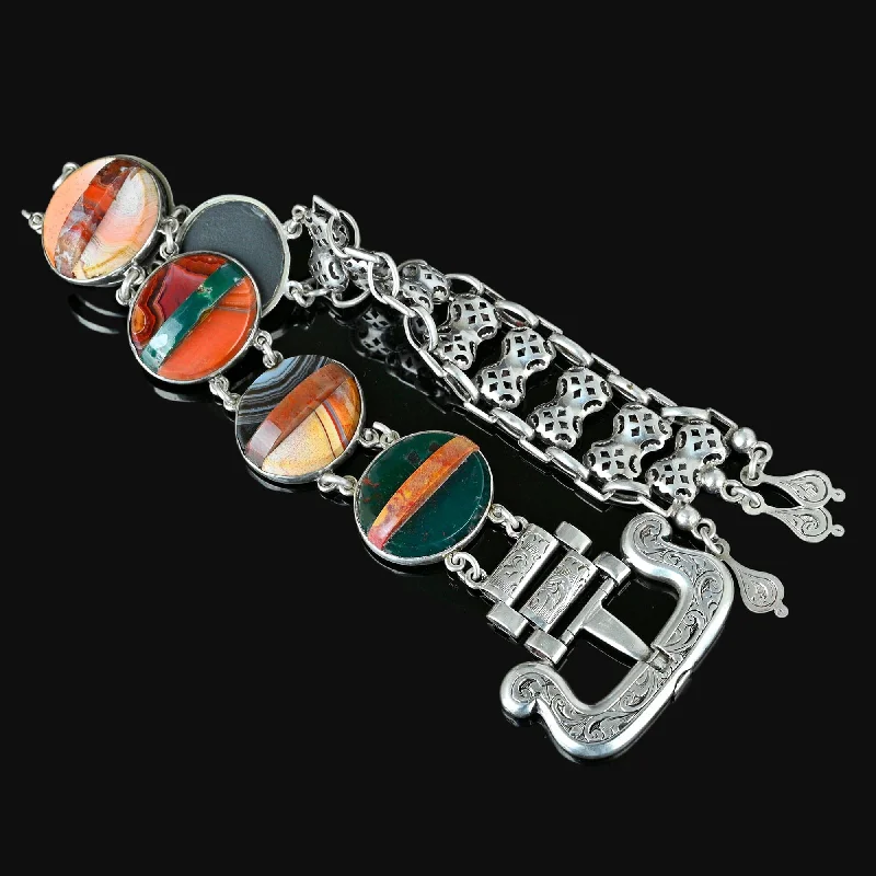 Polished finish bracelet-Antique Victorian Scottish Agate Silver Buckle Bracelet w Tassel