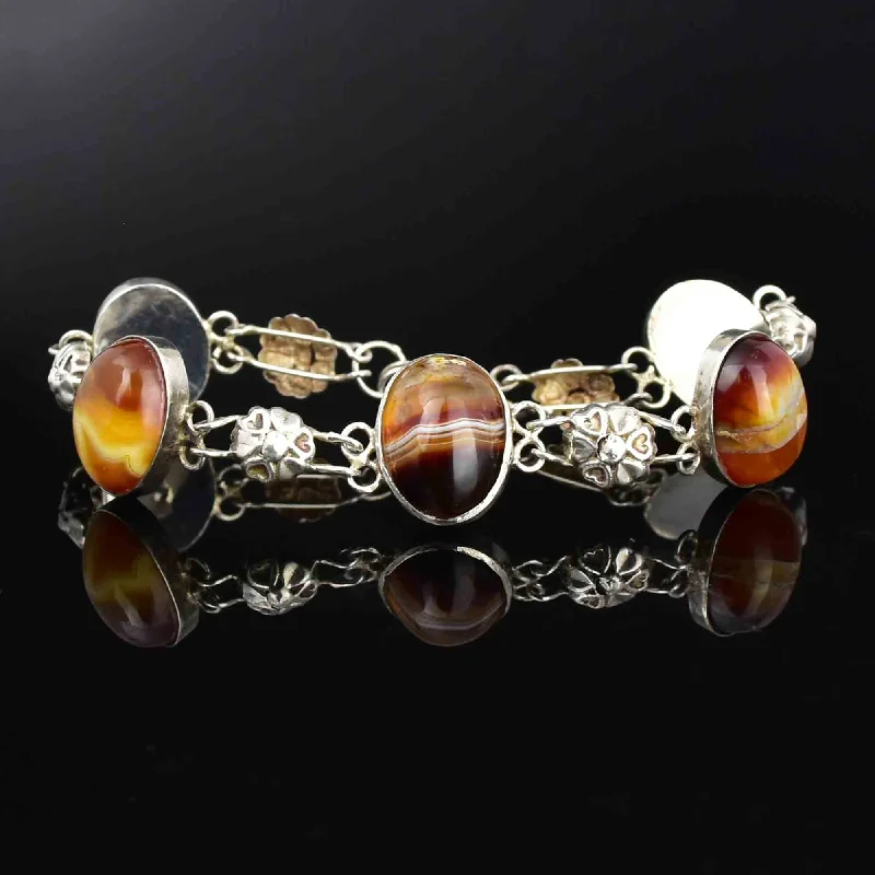 Helix coil bracelet-Arts and Crafts Style Silver Floral Banded Agate Bracelet