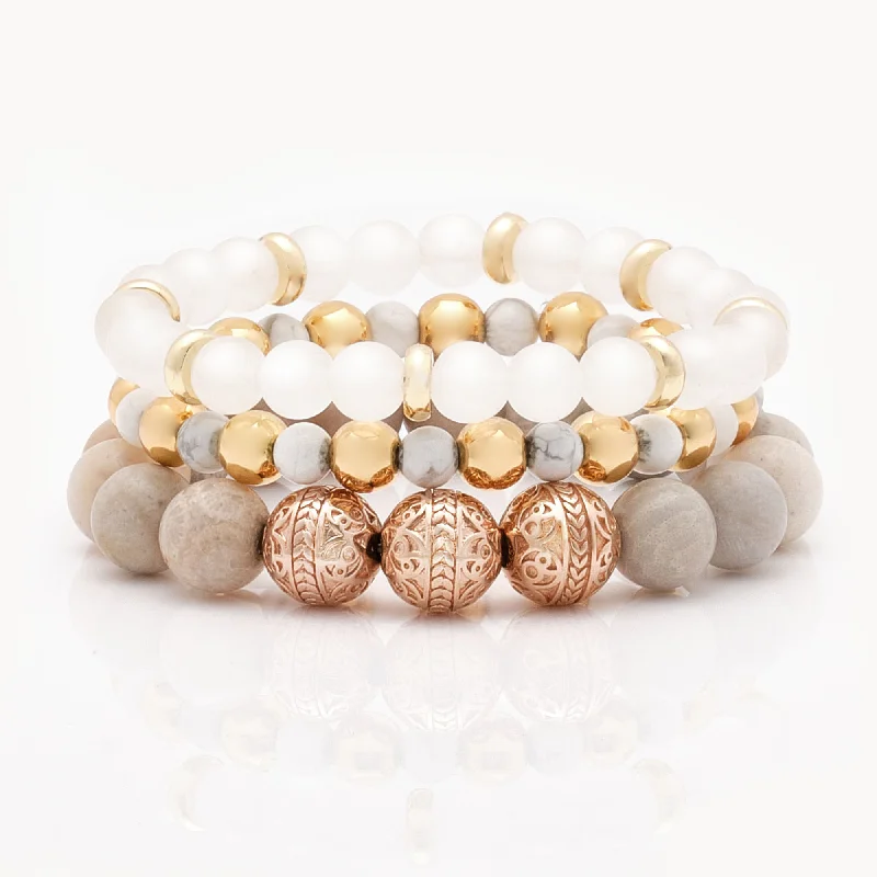 Pine husk bracelet-Rose Gold Chrysanthemum Bracelet with Howlite and White Jade Bracelet