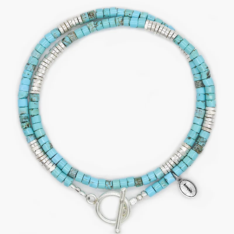 Plaid weave bracelet-Double Laps Bracelet With Sterling Silver And Arizona Turquoise Beads