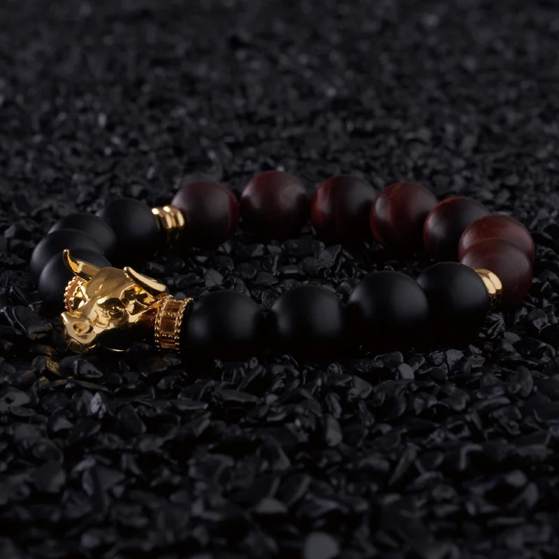 Helix coil bracelet-Gold Bull, Matt obsidian bracelet with gold beads