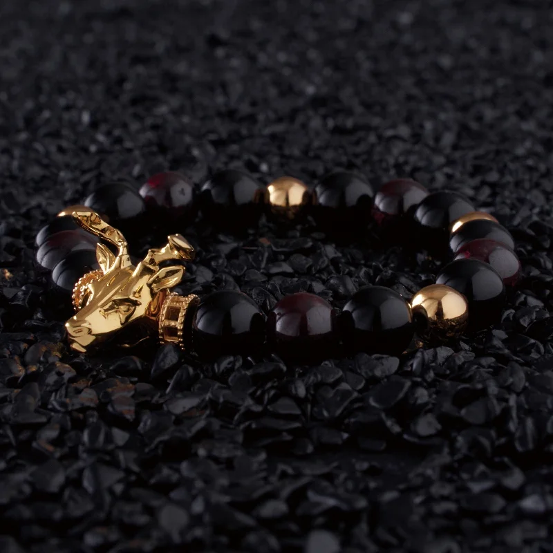 Micro shard bracelet-Gold Deer, obsidian, garnet bracelet with gold connector