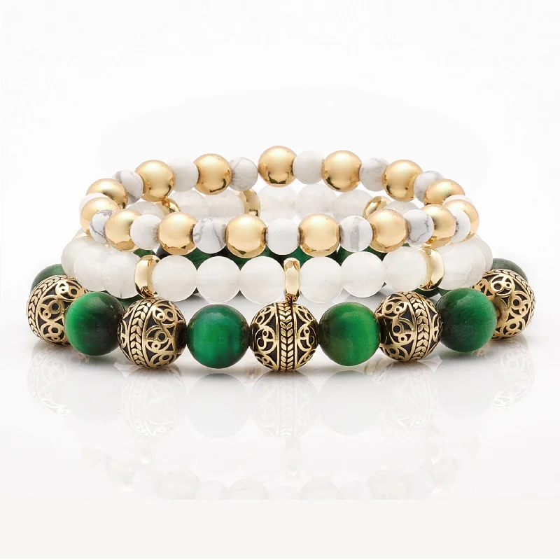 Textured ridge bracelet-Green Tiger Eye Gold Bracelet with Howlite & White Jade Bracelet