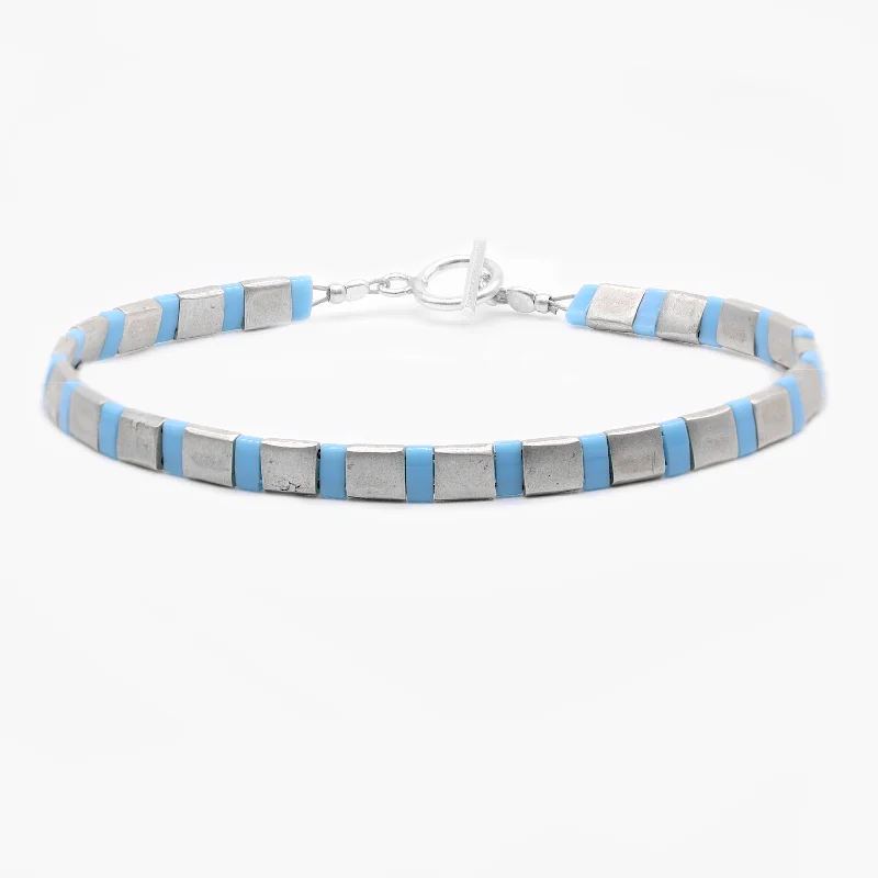 Folk weave bracelet-Silver Bracelet With Hand-Forged Tila Beads (Light Blue)