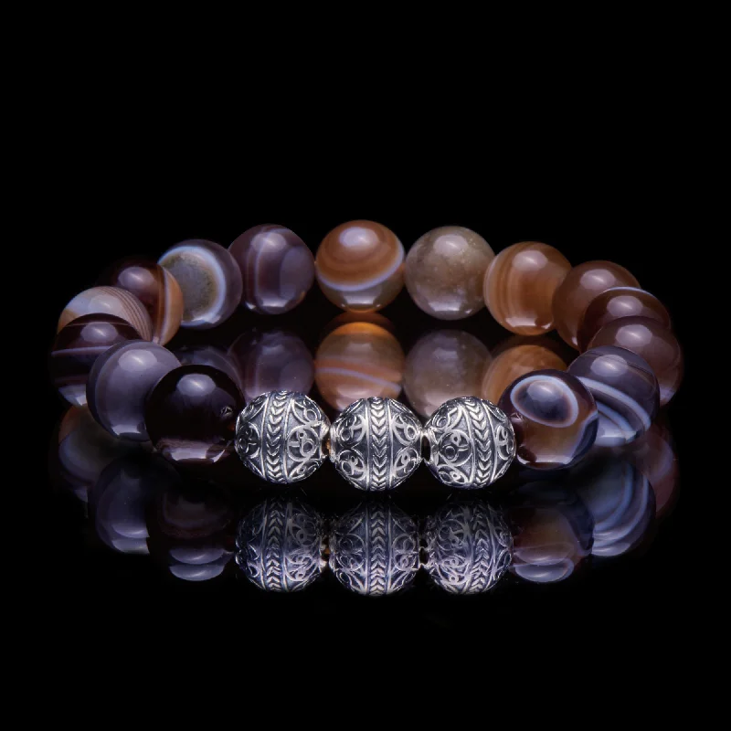 Sharp edge bracelet-Silver Classic Brown Agate Beaded Bracelet