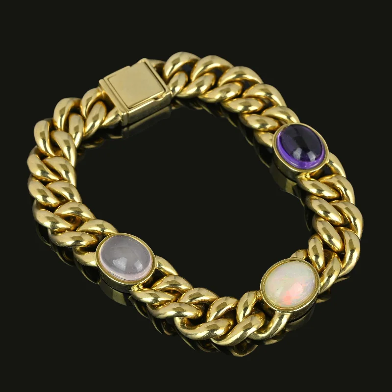 Yellow tiger eye bracelet-Solid 14K Gold Curb Chain Amethyst Pink Quartz Opal Bracelet