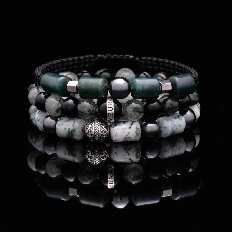 Folk artisan bracelet-The Eclipse | Men String Bracelet with Hematite Green Rutilated Quartz Stone