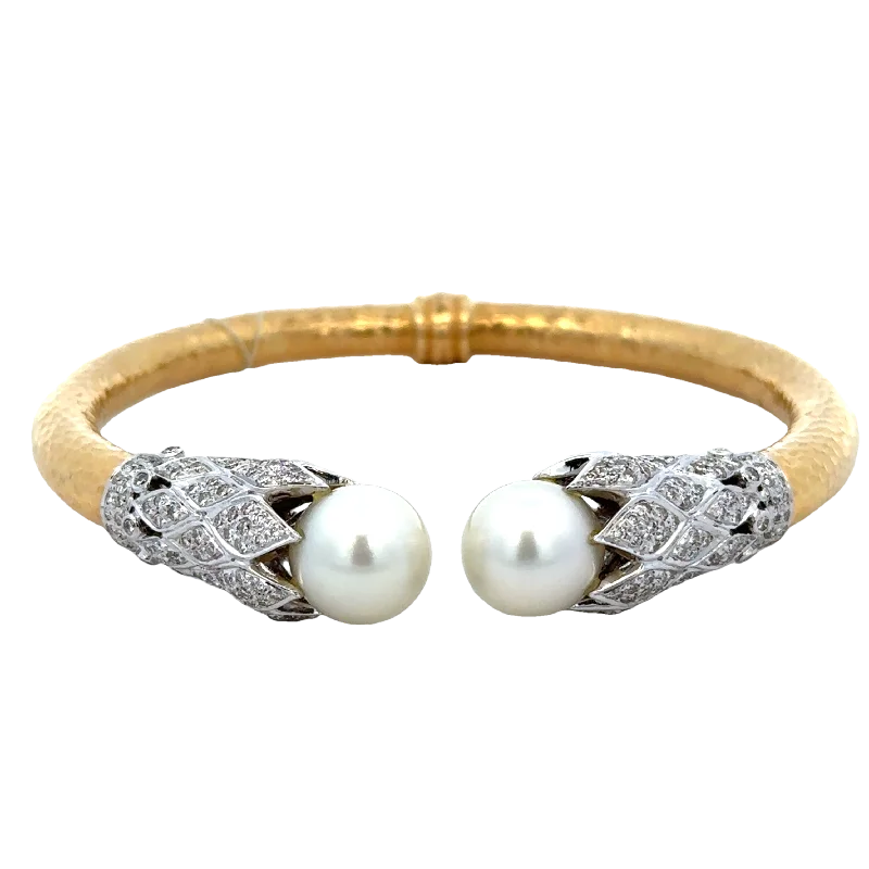 Tarragon leaf bracelet-Statement South Sea Cultured Pearl and Diamond Bracelet in 18k Gold