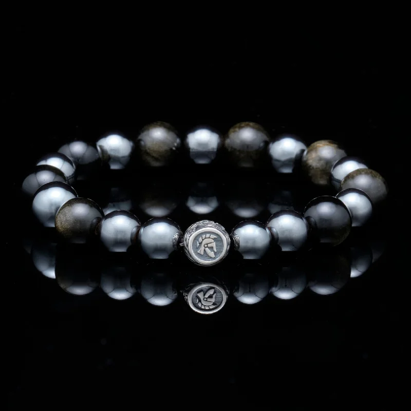 Smooth edge bracelet-Steel of Hearts | Silver Dragrose Gold Obsidian Hematite Beaded Bracelet