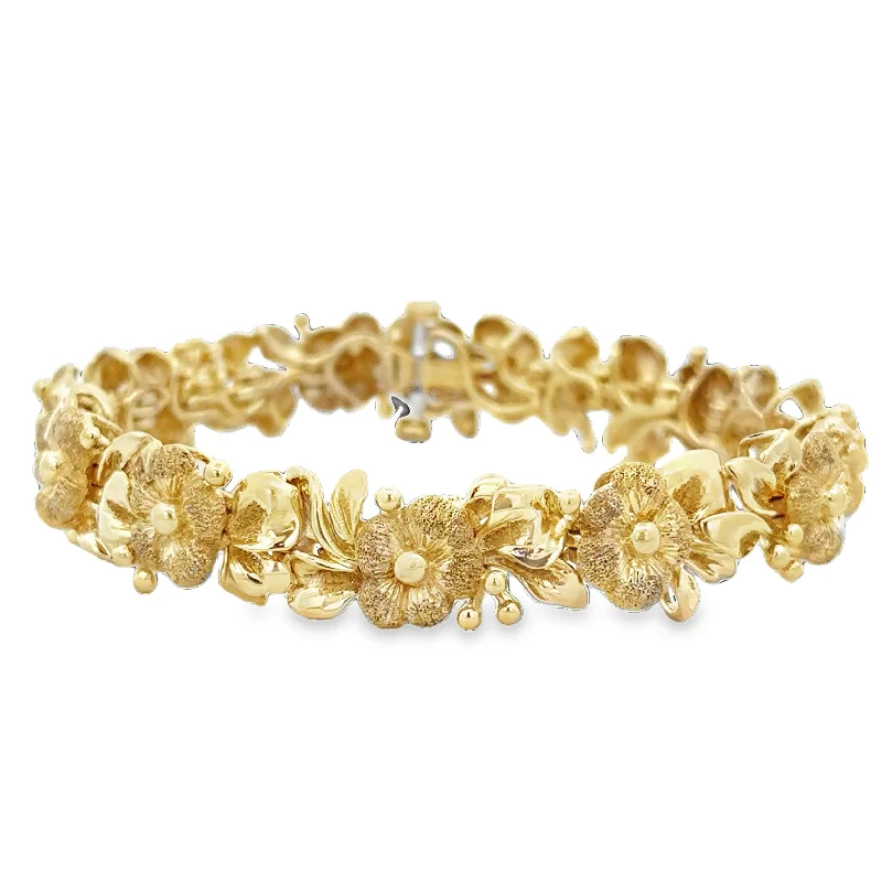 Sunken ridge bracelet-Textured Dogwood Flower Bracelet in Yellow Gold 7"