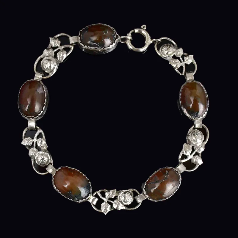 Twisted metal bracelet-Vintage Arts and Crafts Style Silver Scottish Moss Agate Bracelet