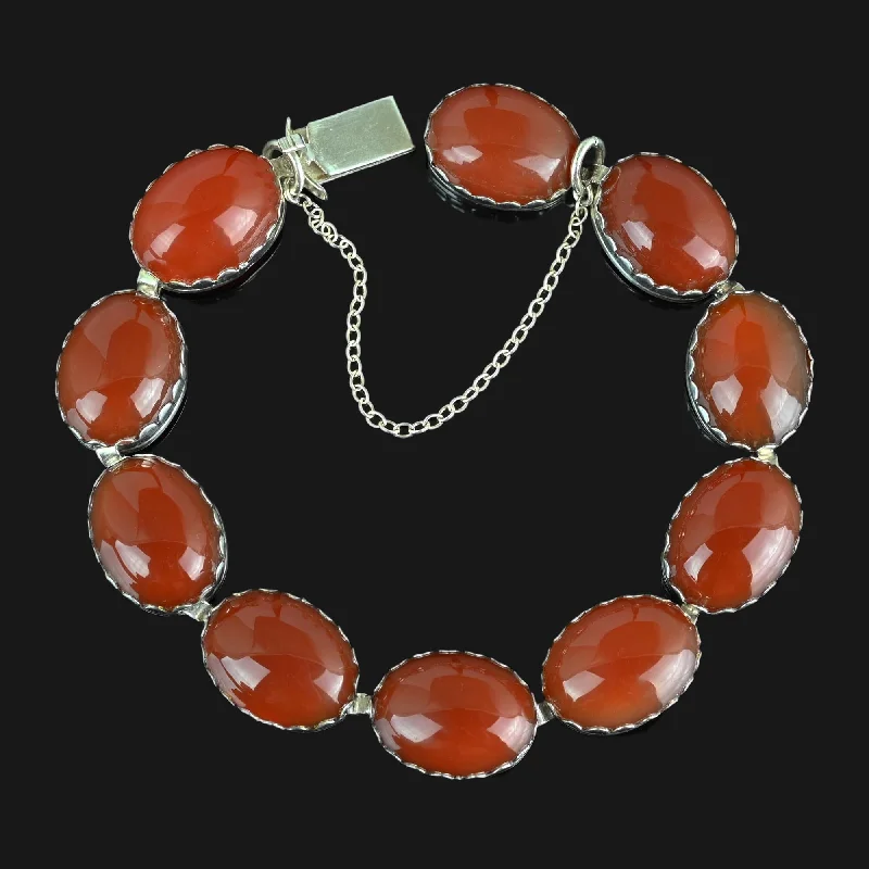 Polished finish bracelet-Vintage Arts & Crafts Style Silver Carnelian Bracelet