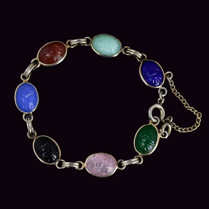 Sealed gem bracelet-Vintage Multi Gemstone Egyptian Beetle Bug Scarab Bracelet