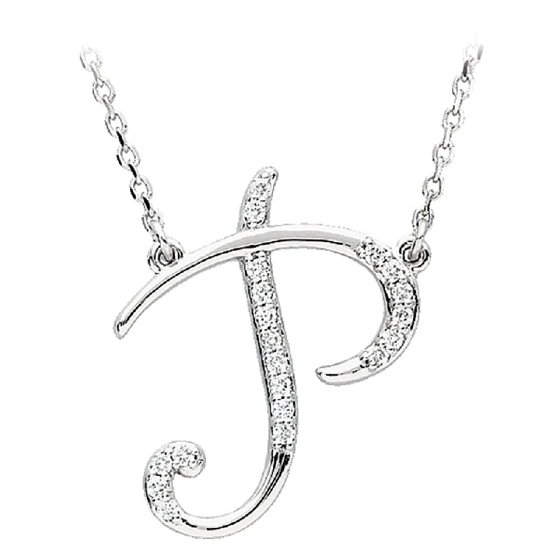 1/10 Ctw Diamond 14k White Gold Medium Script Initial P Necklace, 17in