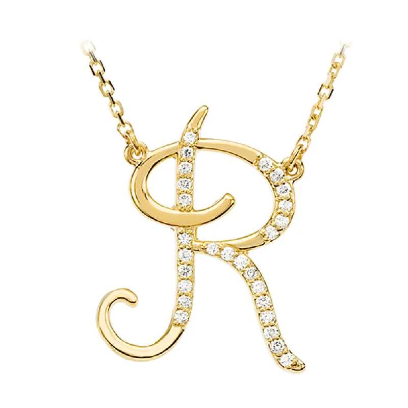 Pine sprig necklace-1/8 Ct Diamond 14k Yellow Gold Medium Script Initial R Necklace, 17in