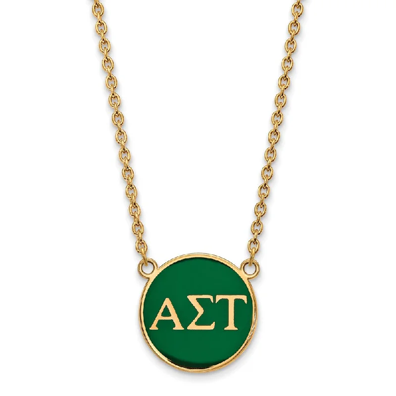 14K Plated Silver Alpha Sigma Tau Large Green Enamel Disc Necklace