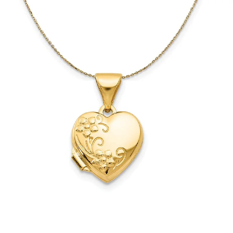 Tribal glyph necklace-14k Yellow Gold 10mm Textured Floral Heart Locket Necklace