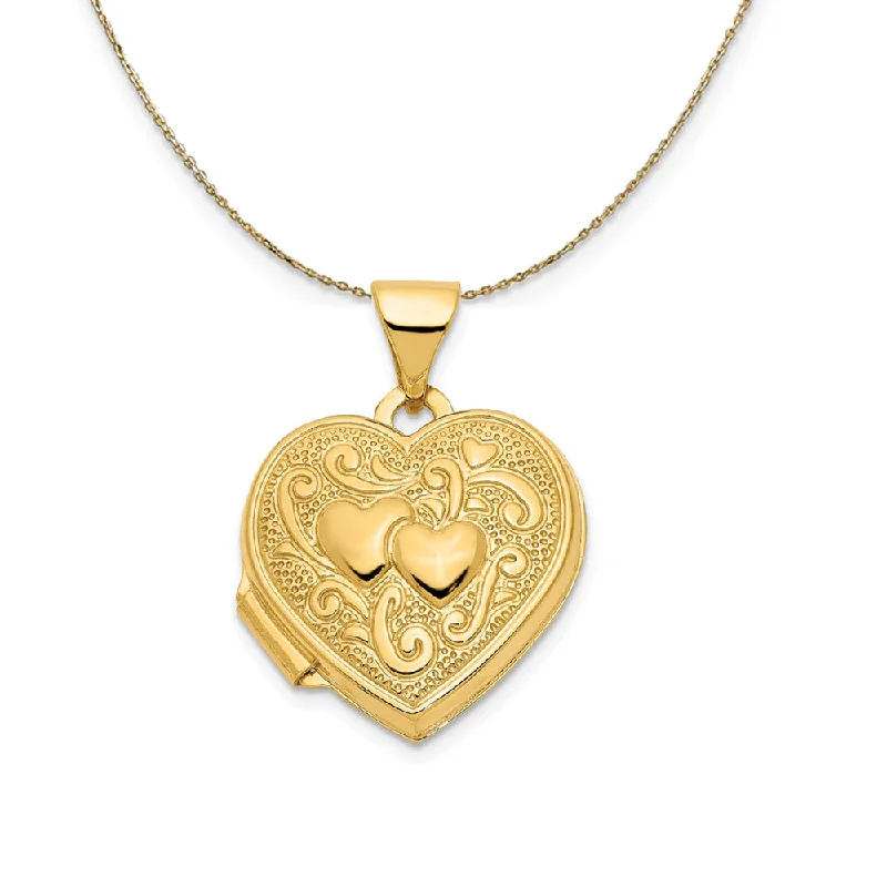 14k Yellow Gold 15mm Double Heart Shaped Locket Necklace