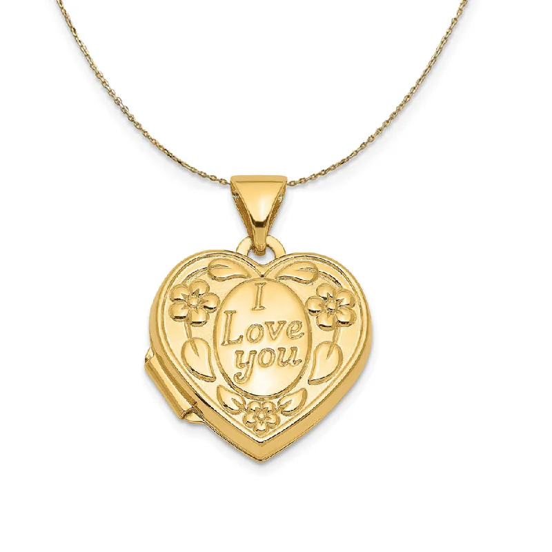 14k Yellow Gold 15mm I Love You Floral Heart Locket Necklace