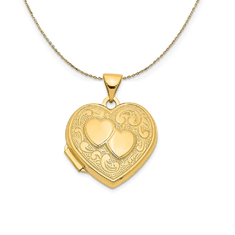 Raw gem necklace-14k Yellow Gold 18mm Double Heart Shaped Locket Necklace