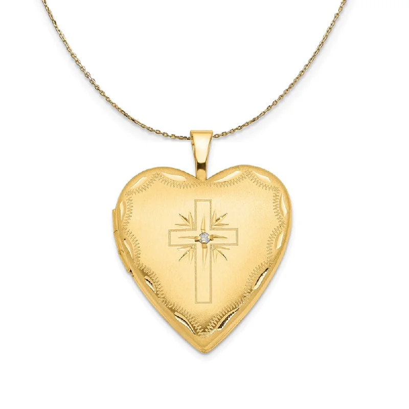 14k Yellow Gold 20mm Heart Cross Locket w Diamond Necklace