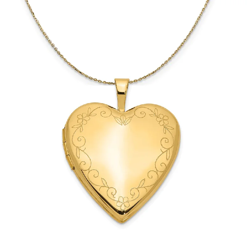 14k Yellow Gold 20mm Heart Locket with Flower Vine Necklace