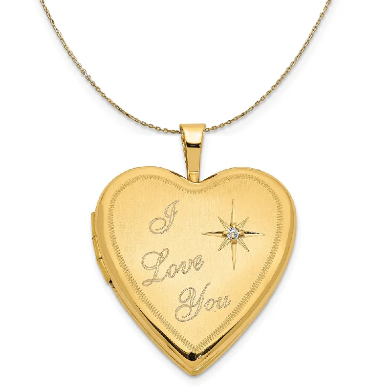 Tulip bud necklace-14k Yellow Gold 20mm Love You Diamond Heart Locket Necklace