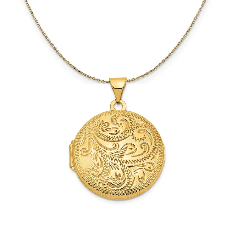 Pegged design necklace-14k Yellow Gold 20mm Round Engraved Scroll Locket Necklace