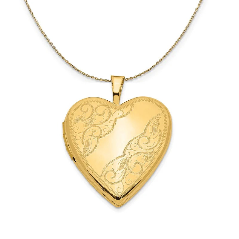 Gritty grain necklace-14k Yellow Gold 20mm Swirl Etched Heart Locket Necklace