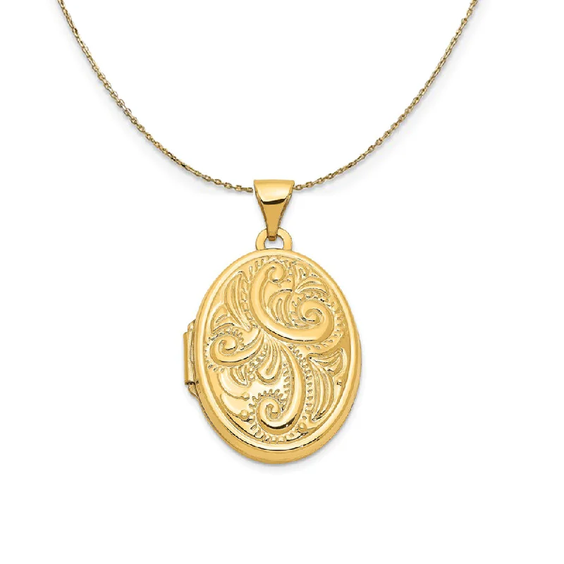 Wool braid necklace-14k Yellow Gold 21mm Domed Scroll Oval Locket Necklace