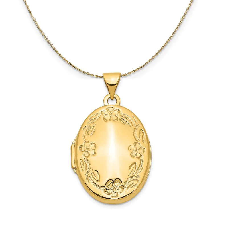 Tin toned necklace-14k Yellow Gold 21mm Hand Engraved Floral Oval Locket Necklace