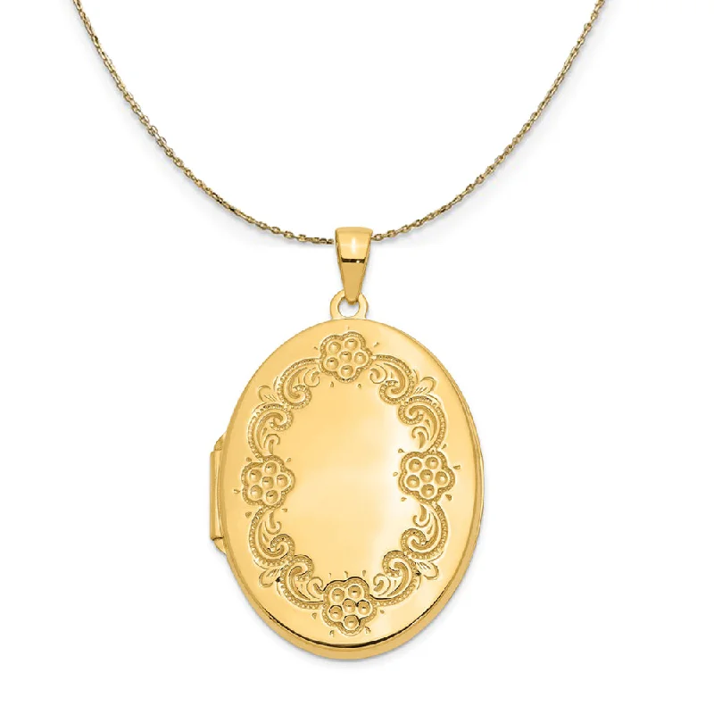 14k Yellow Gold 32mm Floral Border Oval Locket Necklace