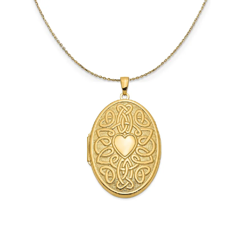 14k Yellow Gold 38mm Celtic Heart Oval Locket Necklace