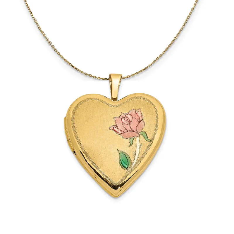 14k Yellow Gold and Enamel Rose Heart Locket, 20mm Necklace