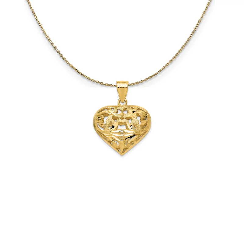 14k Yellow Gold Diamond Cut Puffed Heart (25mm) Necklace