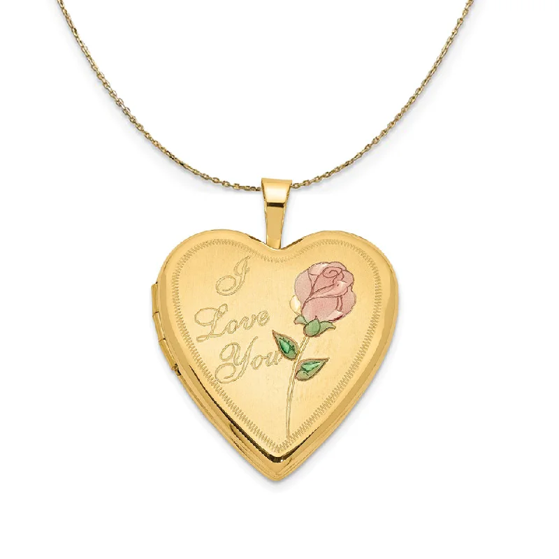 14k Yellow Gold Enamel I Love You Rose Heart Locket Necklace