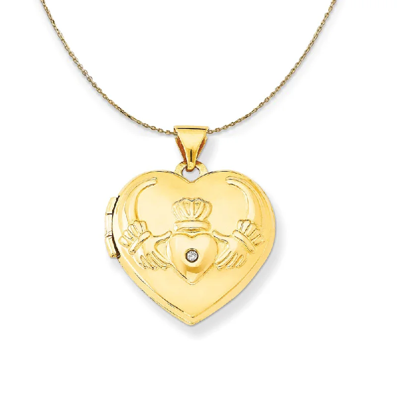 14k Yellow Gold Heart Shape Diamond Claddagh Locket Necklace