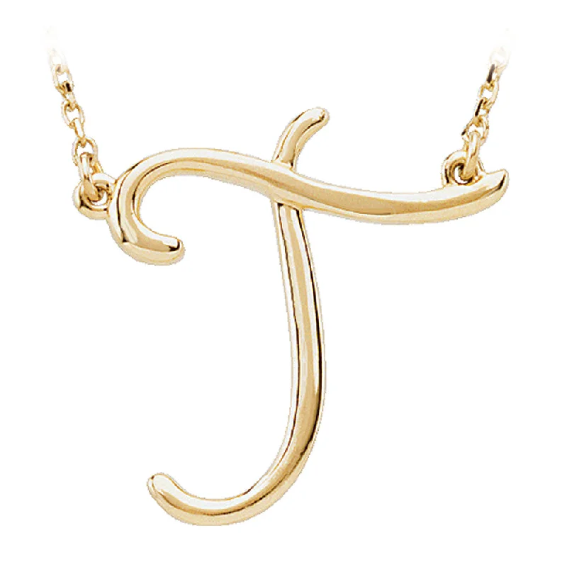 Fluid stripe necklace-14k Yellow Gold, Olivia Collection, Medium Script Initial T Necklace