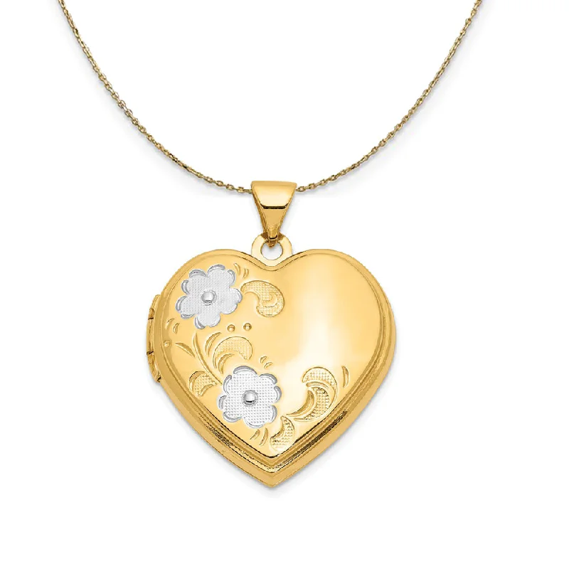 14k Yellow Gold & Rhodium 21mm Floral Heart Locket Necklace