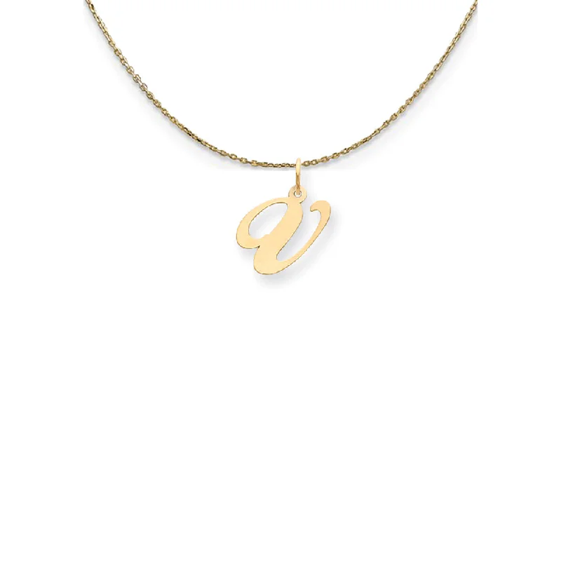 Prairie stalk necklace-14k Yellow Gold Small Fancy Script Initial V Necklace