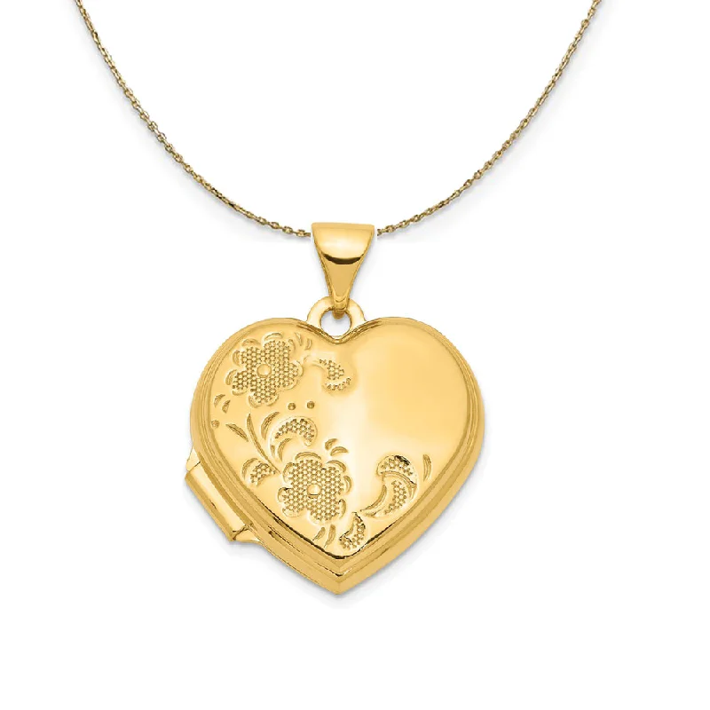 14k Yellow Gold Textured Floral Heart Shaped Locket Necklace