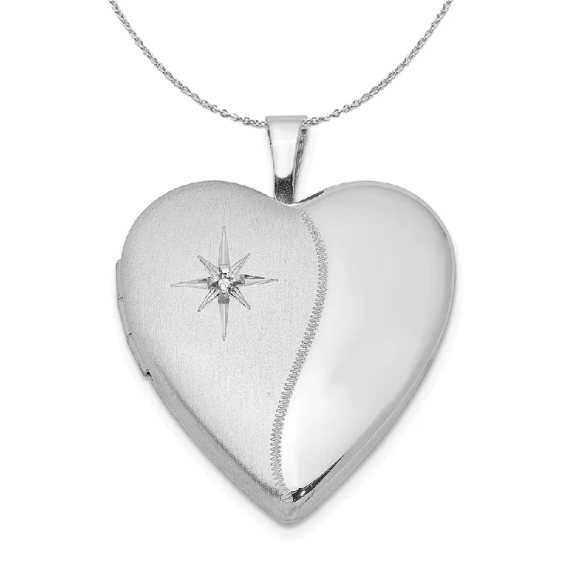 Eighteen-drop necklace-20mm Satin and Polished Diamond Heart Silver Locket Necklace