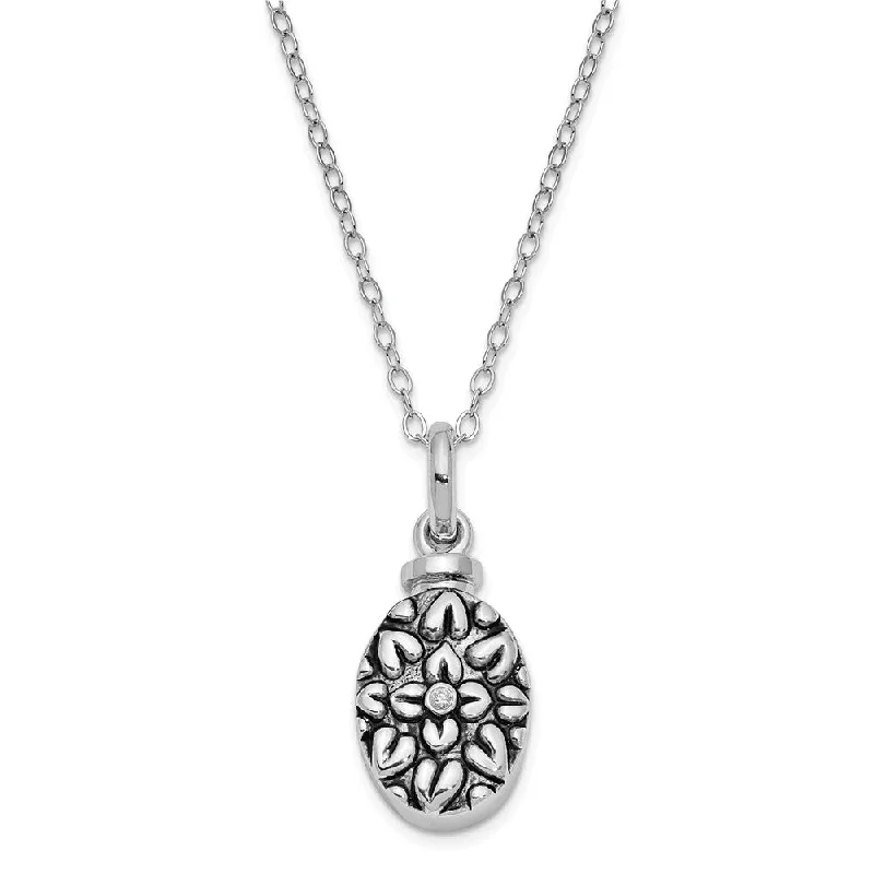 Ash bead necklace-Rhodium Plated Sterling Silver & CZ Flower Ash Holder Necklace, 18in