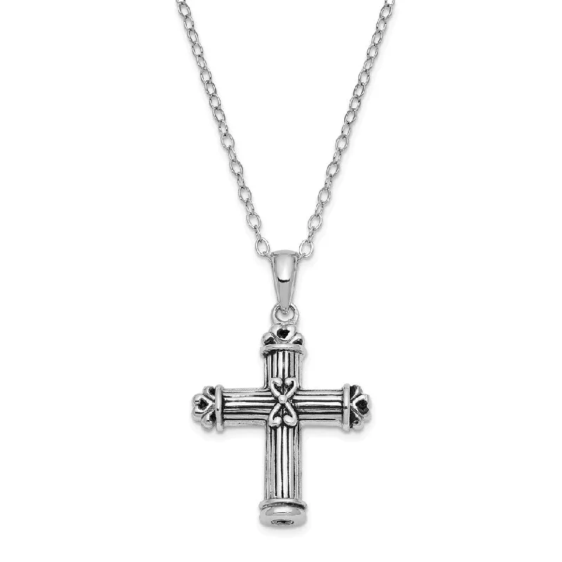 Stamped pattern necklace-Rhodium Plated Sterling Silver Pillar Cross Ash Holder Necklace, 18in