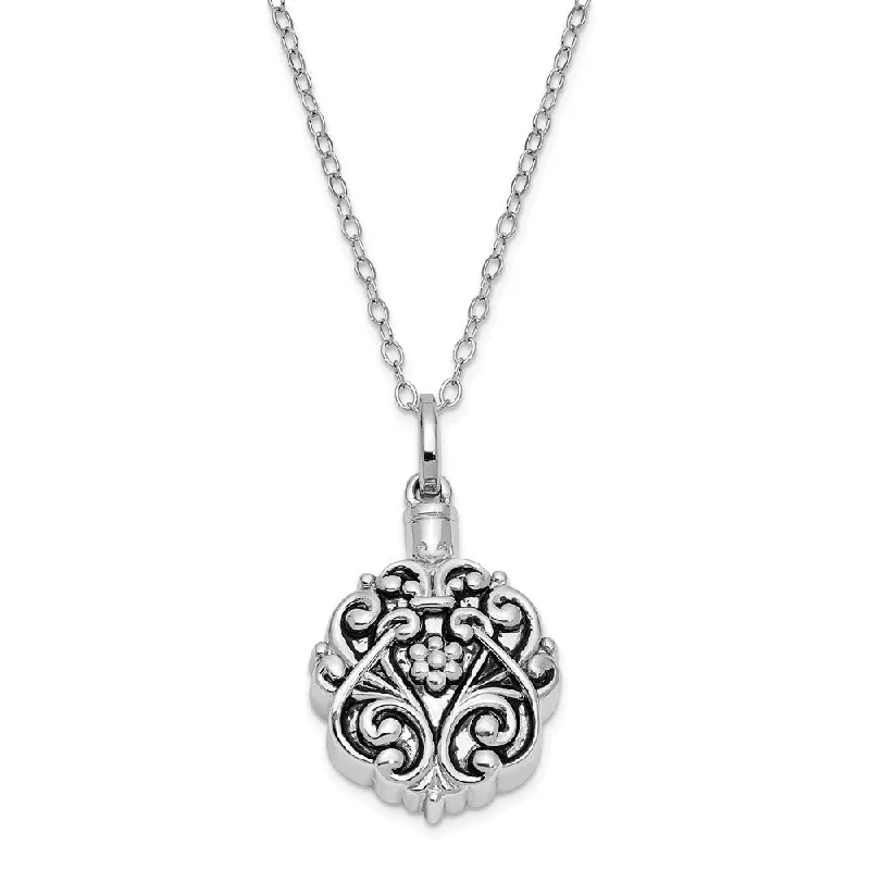 Fossil shard necklace-Rhodium Plated Sterling Silver Scroll Ash Holder Necklace, 18 Inch