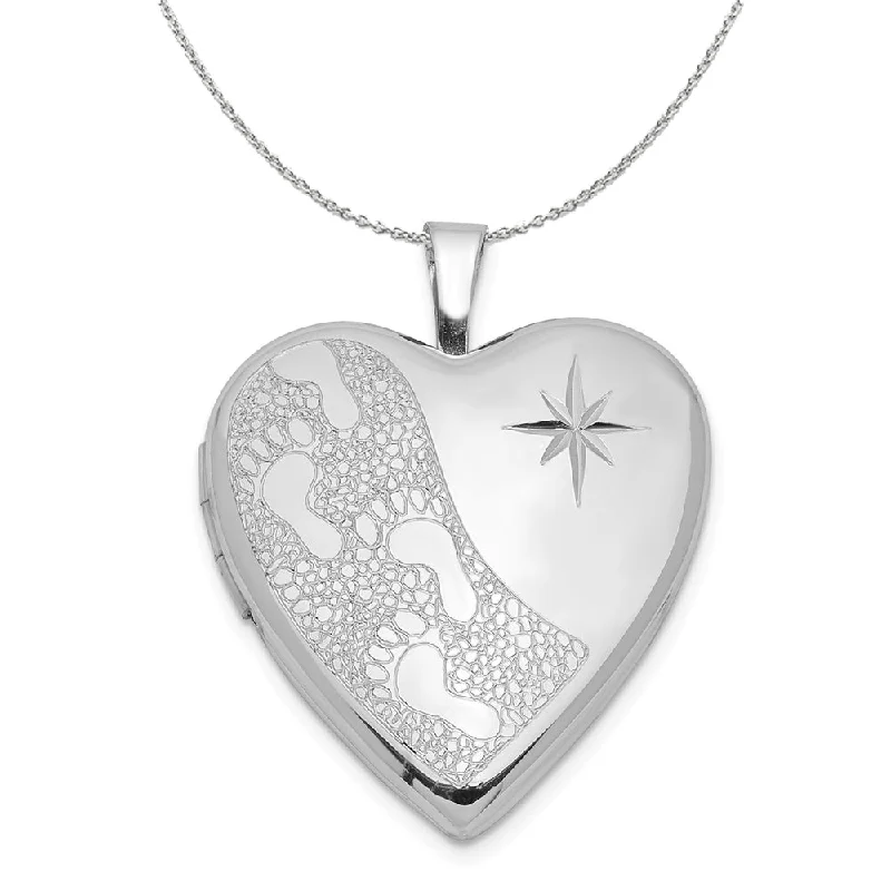 Silver 20mm Footprints and Diamond Cut Star Heart Locket Necklace