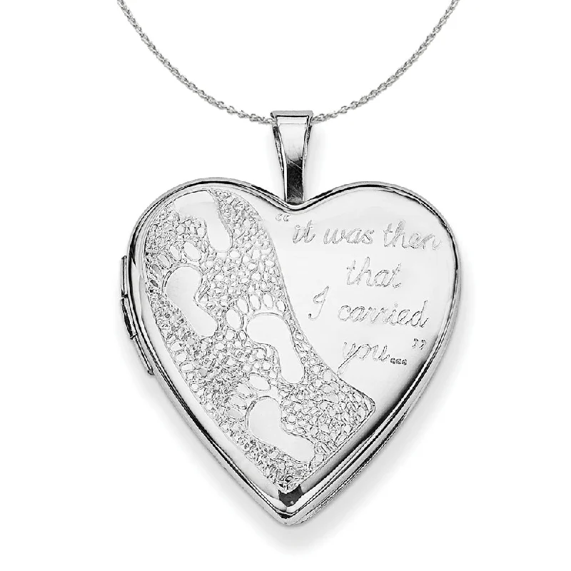 Sterling Silver 20mm Footprints Engraved Heart Locket Necklace