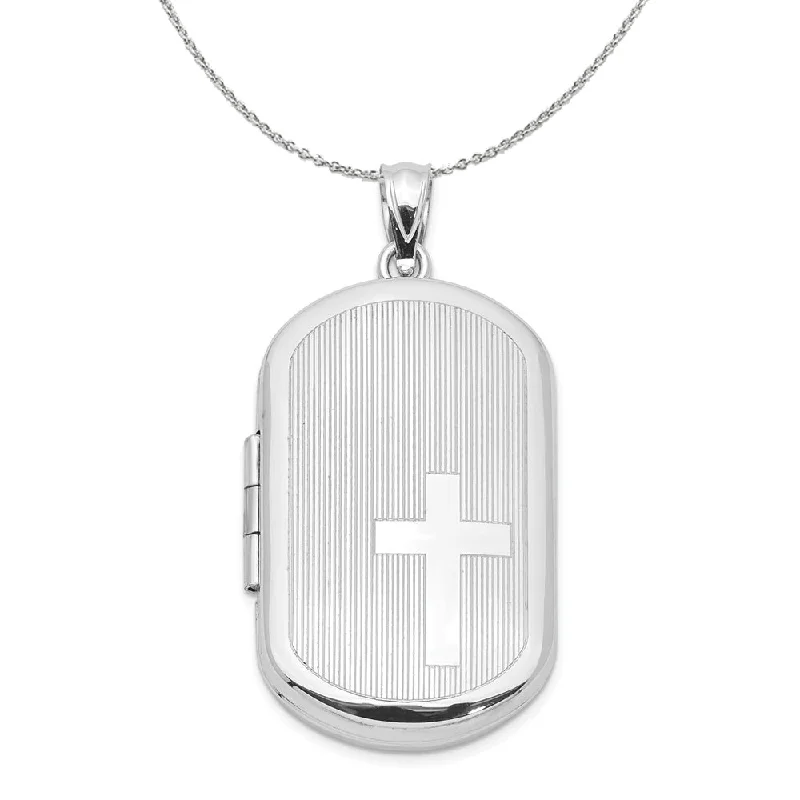 Sterling Silver 30mm Side Cross Rectangular Locket Necklace